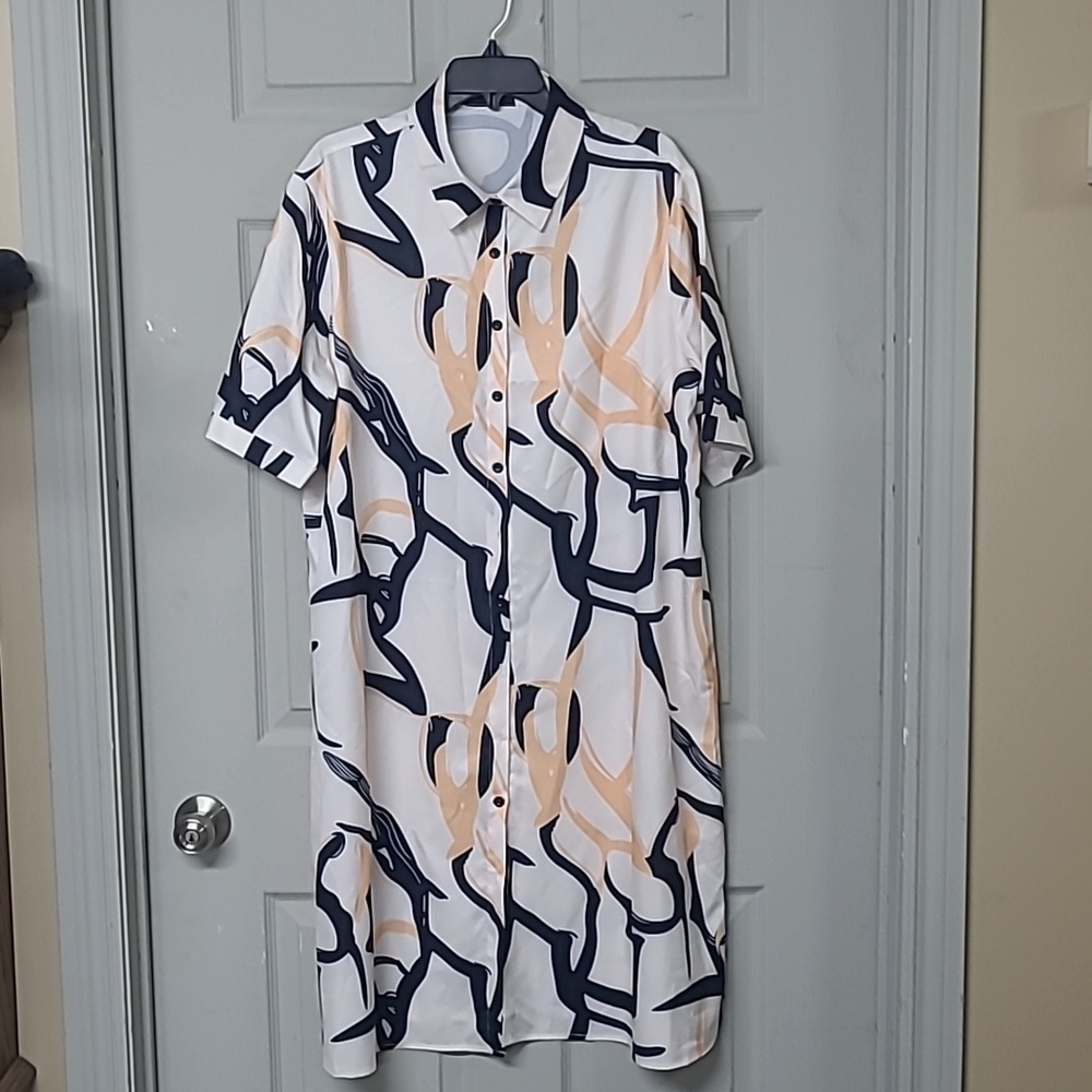 Source Unknown White, Peach & Black Abstract Midi Dress Like New No Tags
